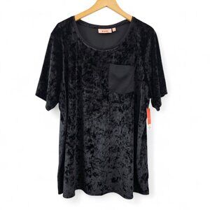 Evri Black Velvet Short Sleeve Top Satin Pocket Womens 2X Scoop Neck Stretch NEW